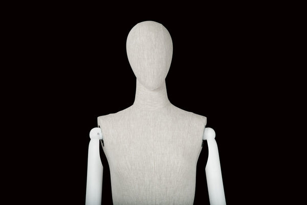 FEMALE LINEN FABRIC EGG MANNEQUIN W/ WHITE WOOD ARMS (MAF-ARM2-1/WHLN)