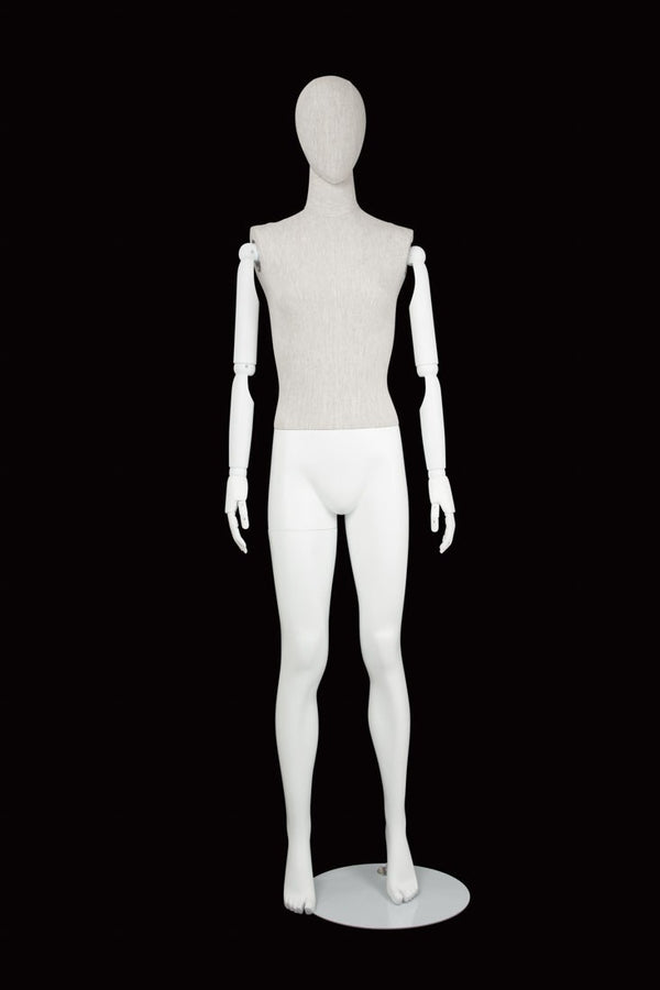 FEMALE LINEN FABRIC EGG MANNEQUIN W/ WHITE WOOD ARMS (MAF-ARM2-1/WHLN)