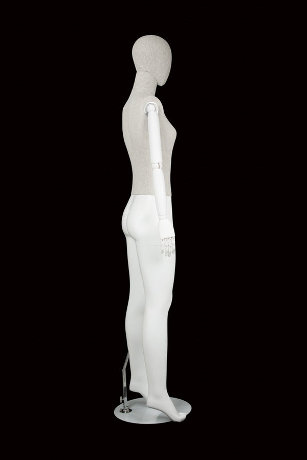 FEMALE LINEN FABRIC EGG MANNEQUIN W/ WHITE WOOD ARMS (MAF-ARM2-1/WHLN)