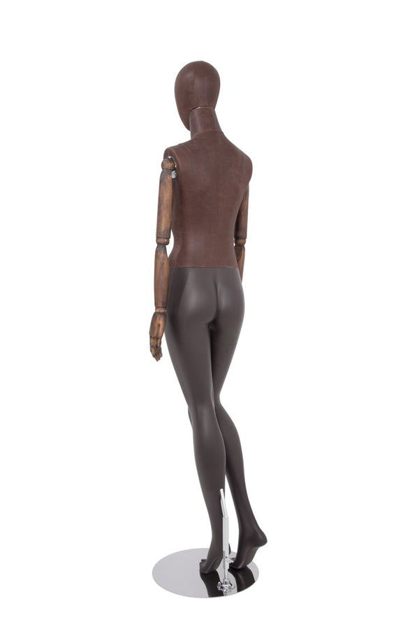 FEMALE BROWN LEATHERETTE EGG MANNEQUIN W/ BROWN WOOD ARMS (MAF-ARM2-2/BRLE)