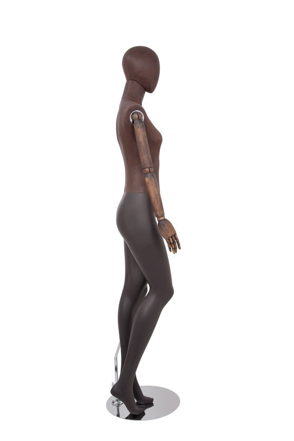 FEMALE BROWN LEATHERETTE EGG MANNEQUIN W/ BROWN WOOD ARMS (MAF-ARM2-2/BRLE)