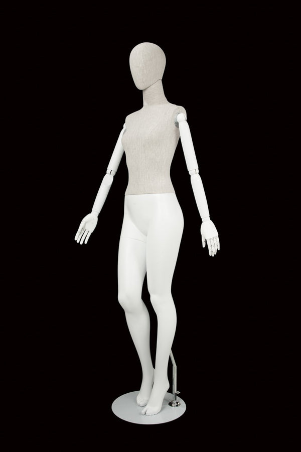 FEMALE LINEN FABRIC EGG MANNEQUIN W/ WHITE WOOD ARMS (MAF-ARM2-2/WHLN)