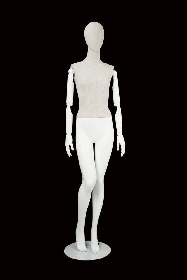 FEMALE LINEN FABRIC EGG MANNEQUIN W/ WHITE WOOD ARMS (MAF-ARM2-2/WHLN)