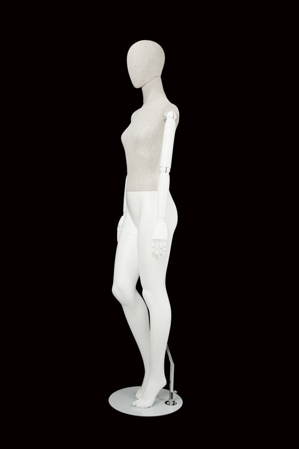 FEMALE LINEN FABRIC EGG MANNEQUIN W/ WHITE WOOD ARMS (MAF-ARM2-2/WHLN)