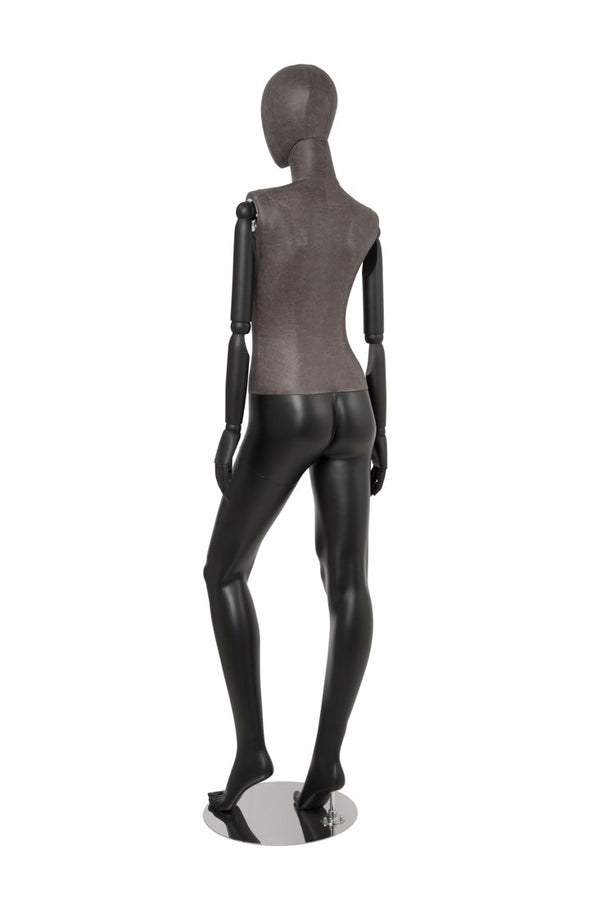 FEMALE BLACK LEATHERETTE EGG MANNEQUIN W/ BLACK WOOD ARMS (MAF-ARM2-3/BLLE)