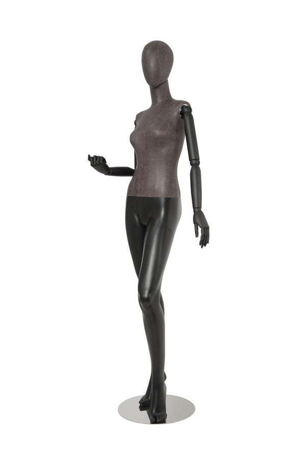 FEMALE BLACK LEATHERETTE EGG MANNEQUIN W/ BLACK WOOD ARMS (MAF-ARM2-3/BLLE)