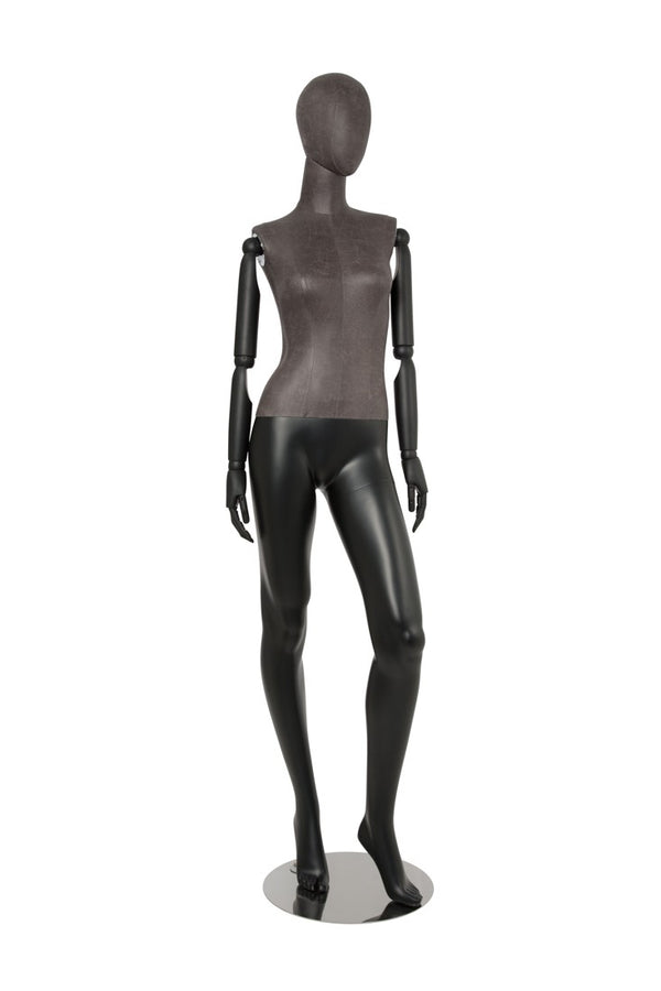 FEMALE BLACK LEATHERETTE EGG MANNEQUIN W/ BLACK WOOD ARMS (MAF-ARM2-3/BLLE)