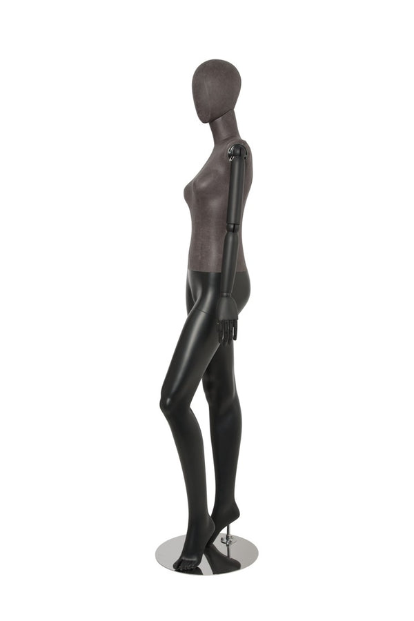 FEMALE BLACK LEATHERETTE EGG MANNEQUIN W/ BLACK WOOD ARMS (MAF-ARM2-3/BLLE)