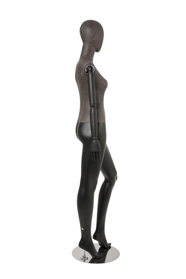 FEMALE BLACK LEATHERETTE EGG MANNEQUIN W/ BLACK WOOD ARMS (MAF-ARM2-3/BLLE)