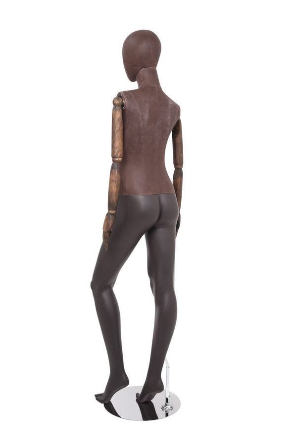 FEMALE BROWN LEATHERETTE EGG MANNEQUIN W/ BROWN WOOD ARMS (MAF-ARM2-3/BRLE)