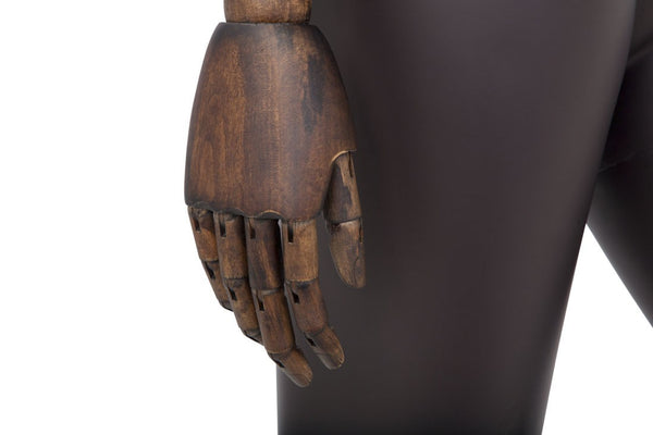 FEMALE BROWN LEATHERETTE EGG MANNEQUIN W/ BROWN WOOD ARMS (MAF-ARM2-3/BRLE)