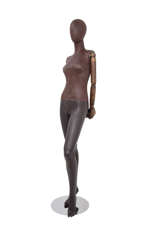 FEMALE BROWN LEATHERETTE EGG MANNEQUIN W/ BROWN WOOD ARMS (MAF-ARM2-3/BRLE)