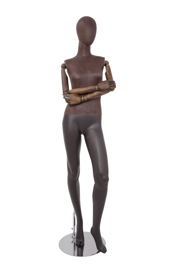 FEMALE BROWN LEATHERETTE EGG MANNEQUIN W/ BROWN WOOD ARMS (MAF-ARM2-3/BRLE)