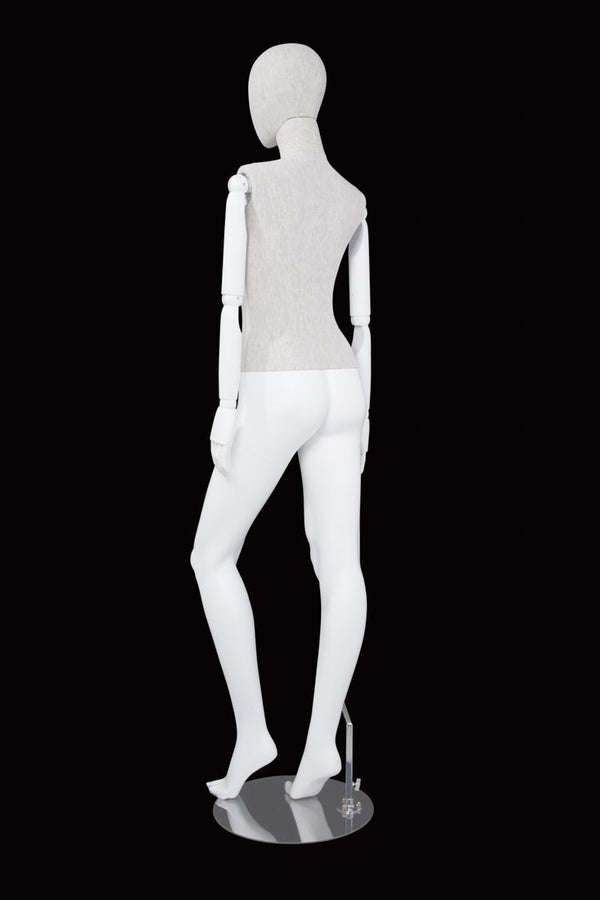 FEMALE LINEN FABRIC EGG MANNEQUIN W/ WHITE WOOD ARMS (MAF-ARM2-3/WHLN)