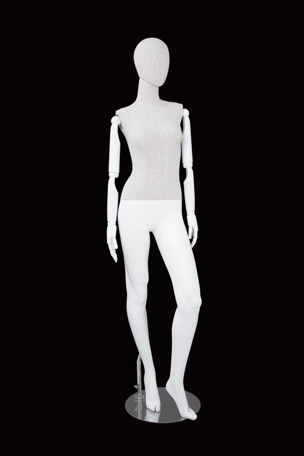 FEMALE LINEN FABRIC EGG MANNEQUIN W/ WHITE WOOD ARMS (MAF-ARM2-3/WHLN)