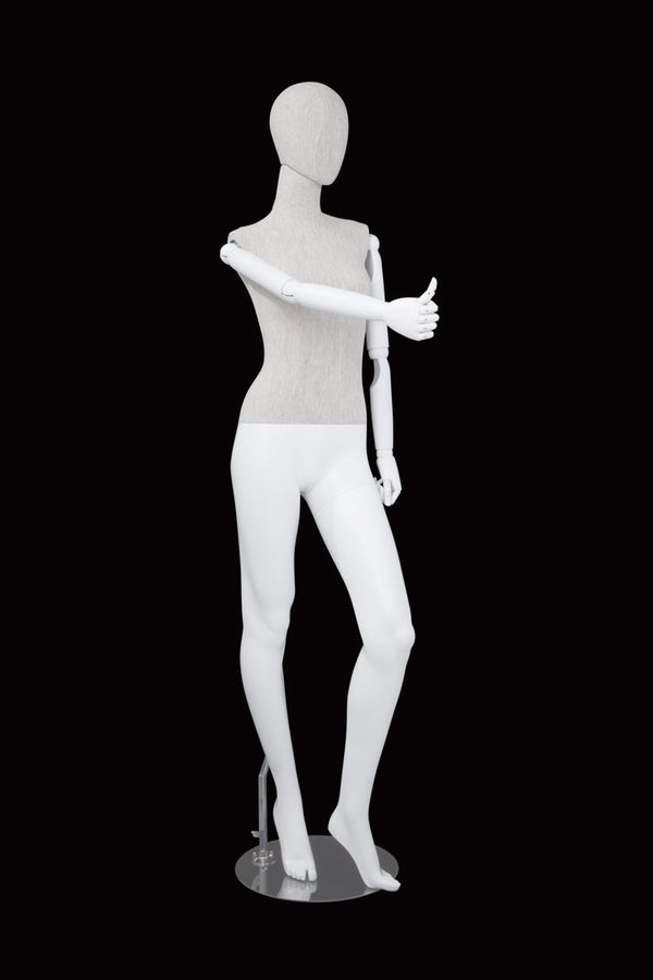 FEMALE LINEN FABRIC EGG MANNEQUIN W/ WHITE WOOD ARMS (MAF-ARM2-3/WHLN)