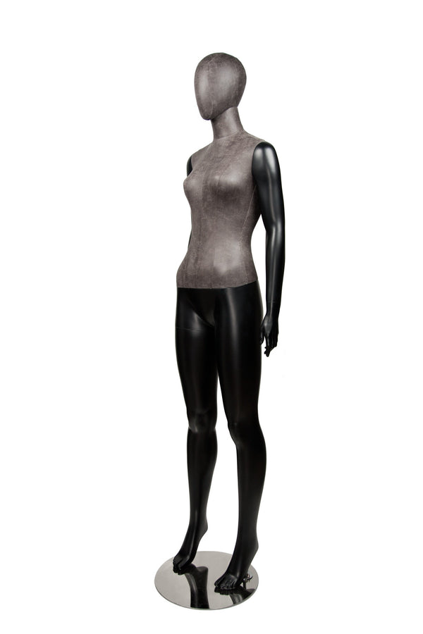 MIXED FABRIC MANNEQUIN MATTE BLACK WITH DISTRESSED LEATHERETTE FABRIC AND REMOVABLE HEAD (MAF-S2-101/BLLE)