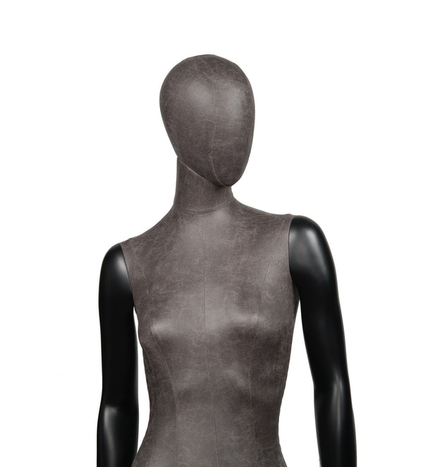 MIXED FABRIC MANNEQUIN MATTE BLACK WITH DISTRESSED LEATHERETTE FABRIC AND REMOVABLE HEAD (MAF-S2-103/BLLE)