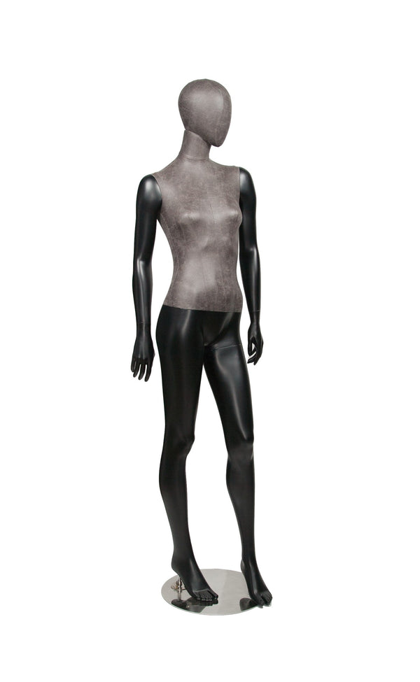 MIXED FABRIC MANNEQUIN MATTE BLACK WITH DISTRESSED LEATHERETTE FABRIC AND REMOVABLE HEAD (MAF-S2-103/BLLE)