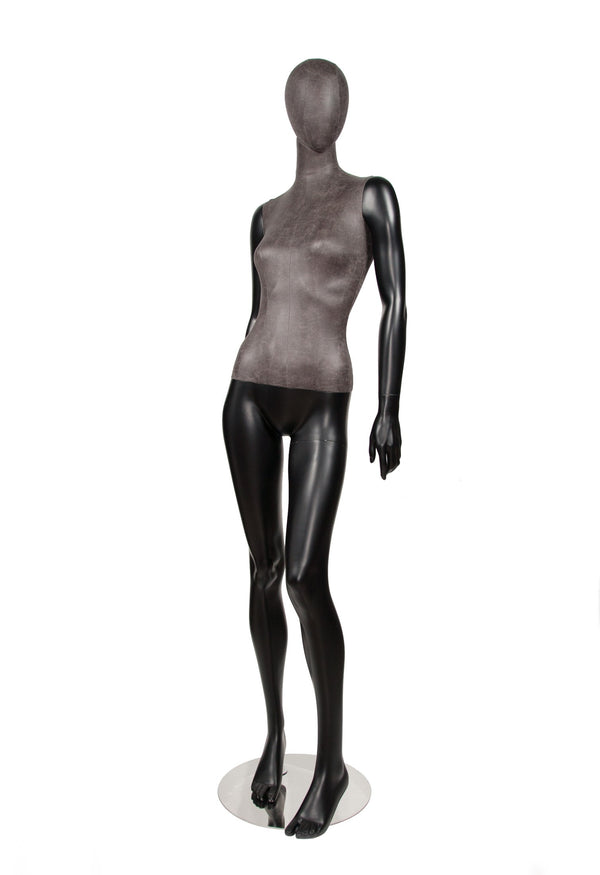 MIXED FABRIC MANNEQUIN MATTE BLACK WITH DISTRESSED LEATHERETTE FABRIC AND REMOVABLE HEAD (MAF-S2-103/BLLE)