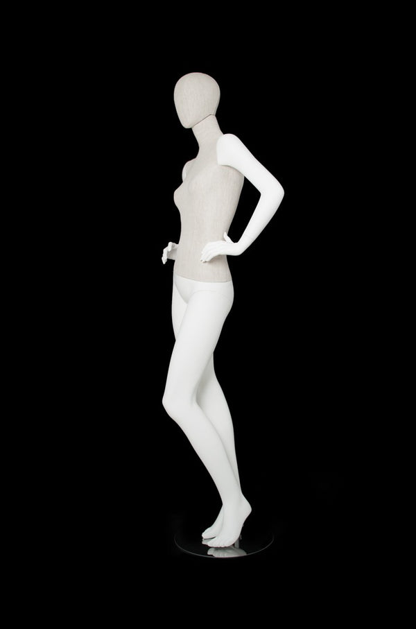 MIXED FABRIC MANNEQUIN MATTE WHITE WITH LINEN FABRIC AND REMOVABLE HEAD (MAF-S2-105/WHLN)