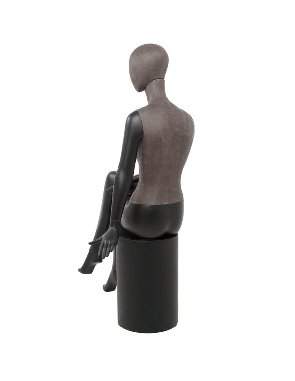 MIXED FABRIC SITTING MANNEQUIN MATTE BLACK WITH LEATHERETTE AND REMOVABLE HEAD  (MAF-S2-106/BLLE)