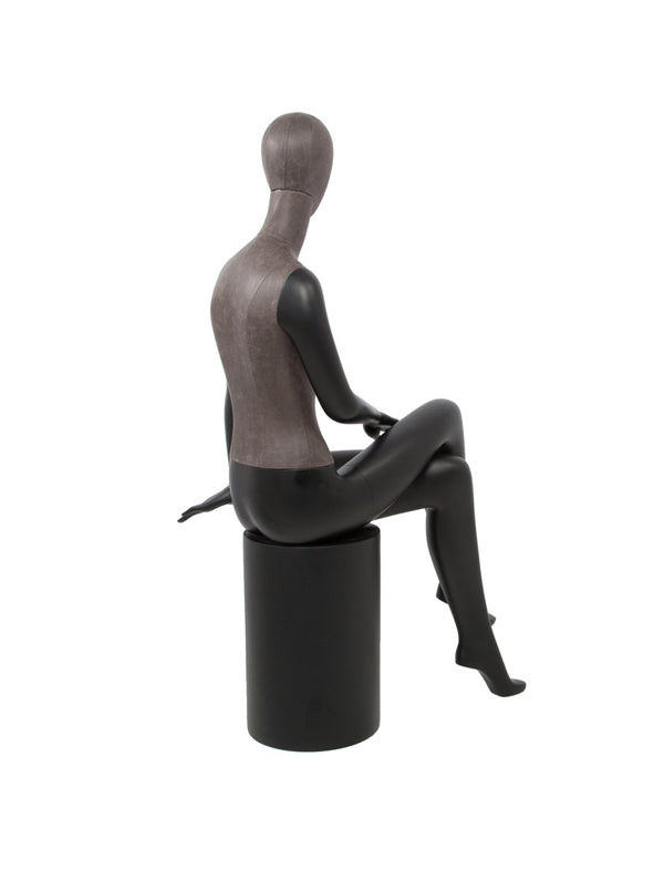 MIXED FABRIC SITTING MANNEQUIN MATTE BLACK WITH LEATHERETTE AND REMOVABLE HEAD  (MAF-S2-106/BLLE)