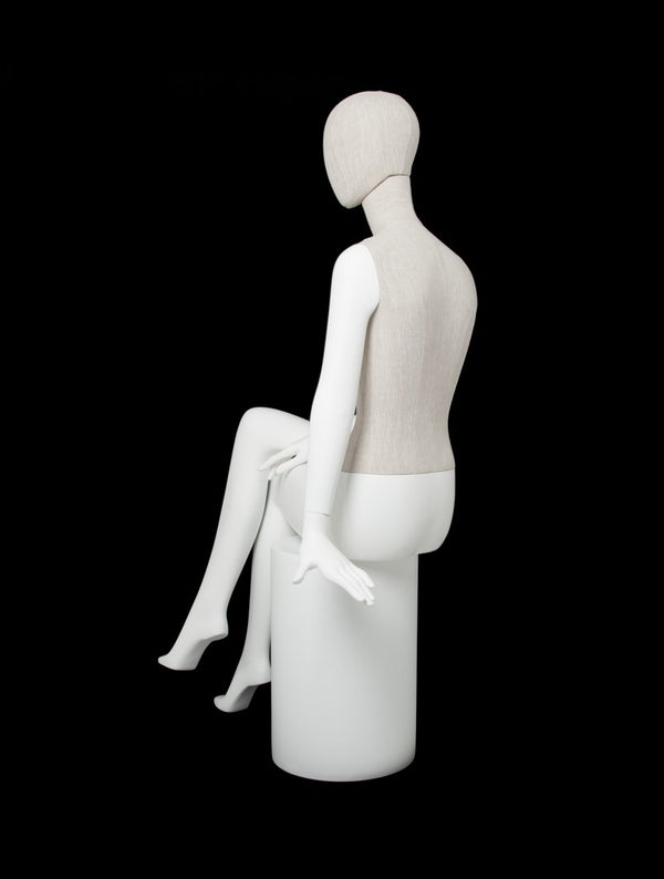 MIXED FABRIC SITTING MANNEQUIN MATTE WHITE WITH LINEN FABRIC AND REMOVABLE HEAD (MAF-S2-106/WHLN)