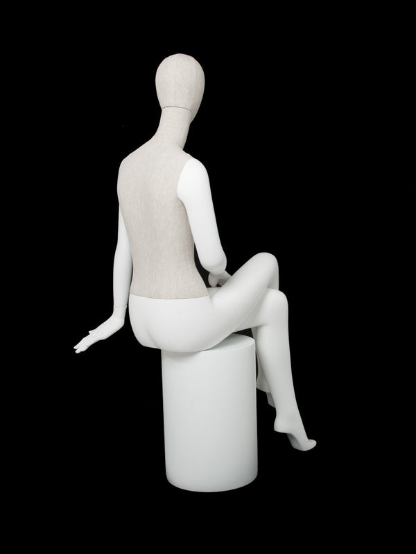 MIXED FABRIC SITTING MANNEQUIN MATTE WHITE WITH LINEN FABRIC AND REMOVABLE HEAD (MAF-S2-106/WHLN)