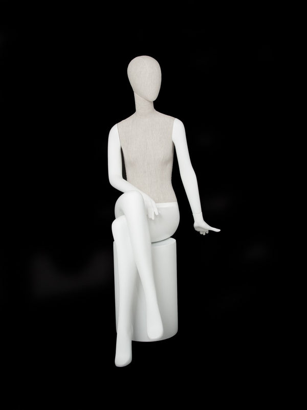 MIXED FABRIC SITTING MANNEQUIN MATTE WHITE WITH LINEN FABRIC AND REMOVABLE HEAD (MAF-S2-106/WHLN)