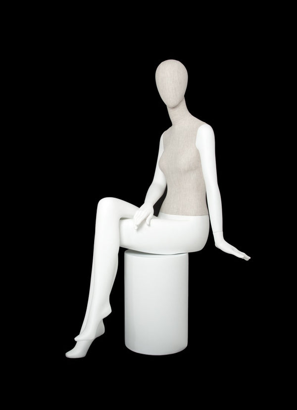 MIXED FABRIC SITTING MANNEQUIN MATTE WHITE WITH LINEN FABRIC AND REMOVABLE HEAD (MAF-S2-106/WHLN)