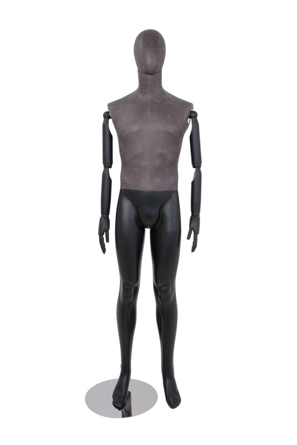 MALE BLACK LEATHERETTE FABRIC EGG MANNEQUIN W/ BLACK WOOD ARMS (MAM-ARM2-1/BLLE)