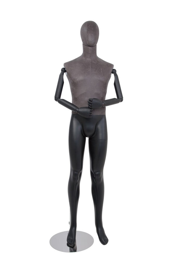 MALE BLACK LEATHERETTE FABRIC EGG MANNEQUIN W/ BLACK WOOD ARMS (MAM-ARM2-1/BLLE)