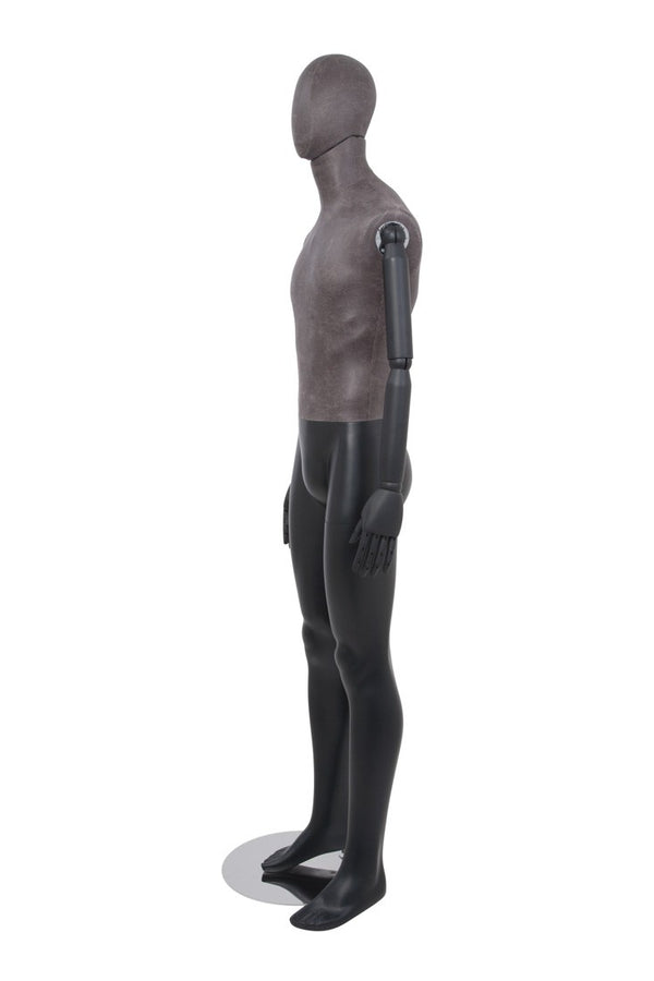 MALE BLACK LEATHERETTE FABRIC EGG MANNEQUIN W/ BLACK WOOD ARMS (MAM-ARM2-1/BLLE)