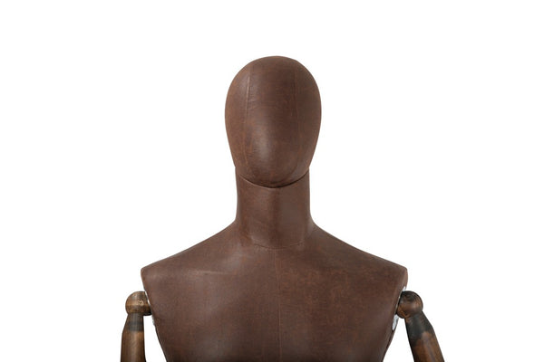 MALE BROWN LEATHERTTE FABRIC EGG MANNEQUIN W/ BROWN WOOD ARMS (MAM-ARM2-1/BRLE)