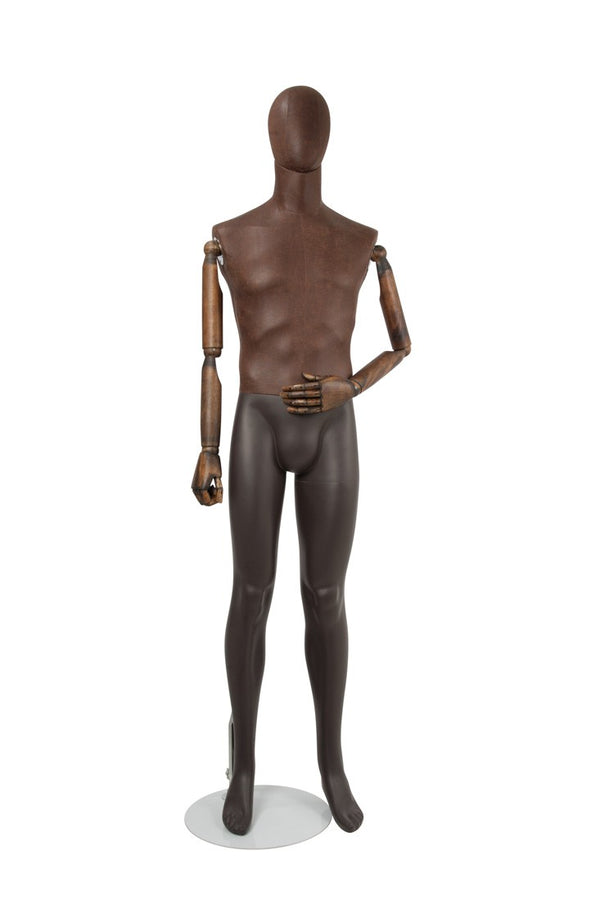 MALE BROWN LEATHERTTE FABRIC EGG MANNEQUIN W/ BROWN WOOD ARMS (MAM-ARM2-1/BRLE)