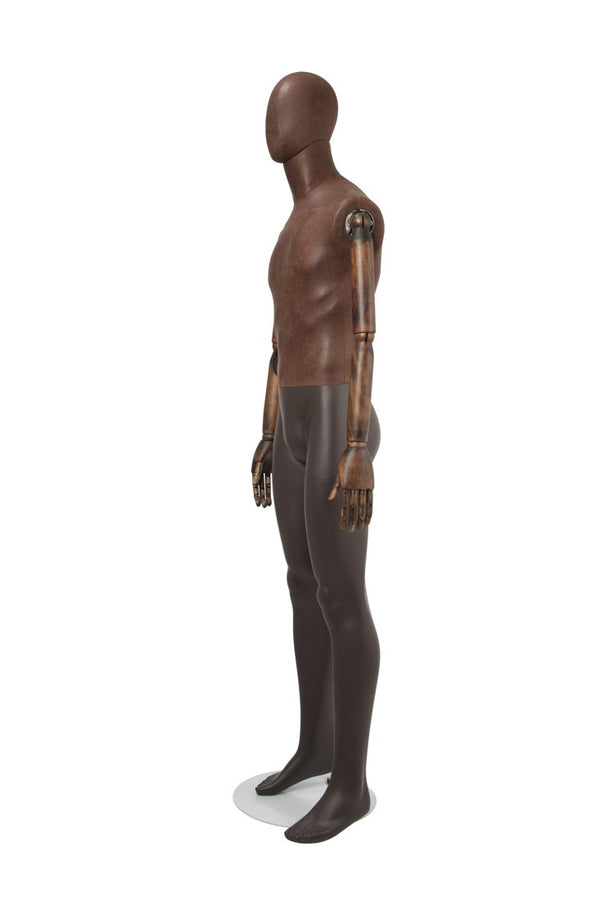 MALE BROWN LEATHERTTE FABRIC EGG MANNEQUIN W/ BROWN WOOD ARMS (MAM-ARM2-1/BRLE)