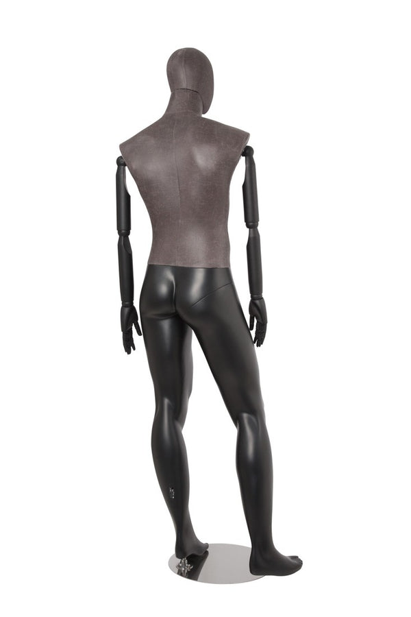 MALE BLACK LEATHERETTE FABRIC EGG MANNEQUIN W/ BLACK WOOD ARMS (MAM-ARM2-2/BLLE)