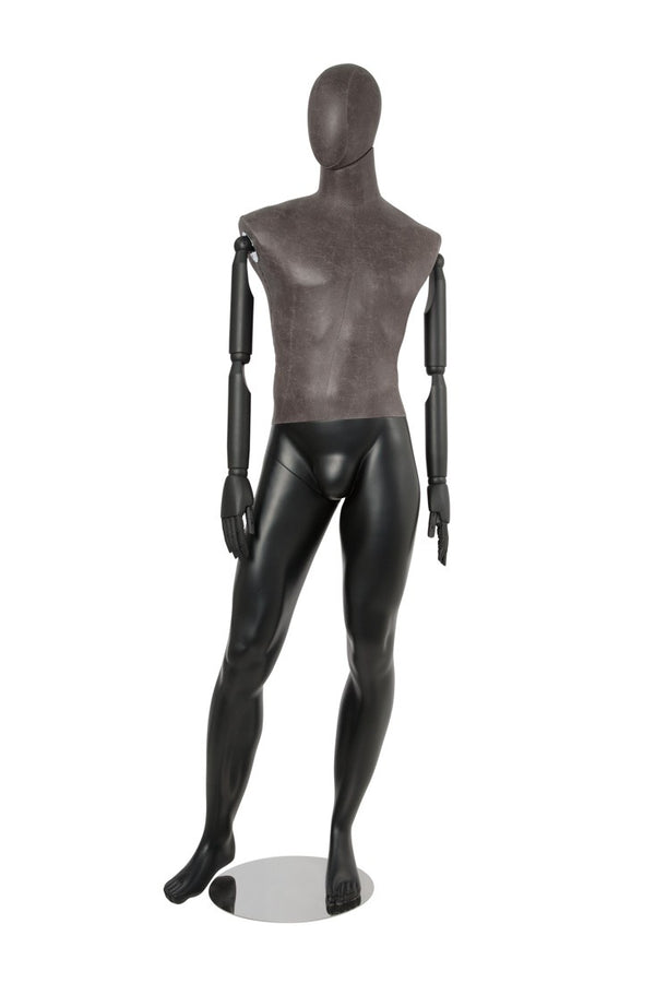 MALE BLACK LEATHERETTE FABRIC EGG MANNEQUIN W/ BLACK WOOD ARMS (MAM-ARM2-2/BLLE)