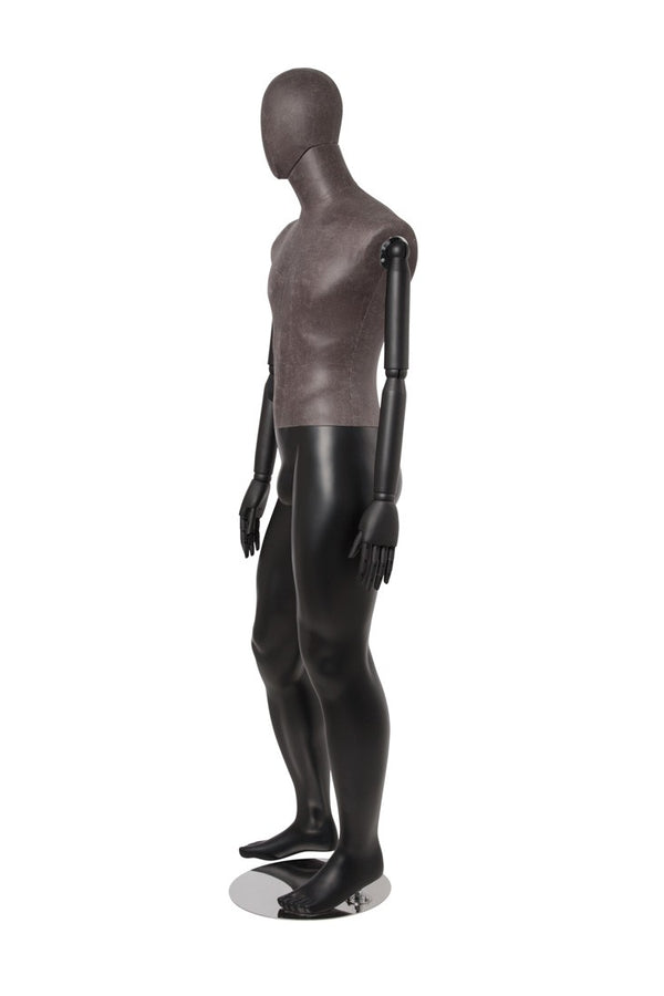 MALE BLACK LEATHERETTE FABRIC EGG MANNEQUIN W/ BLACK WOOD ARMS (MAM-ARM2-2/BLLE)