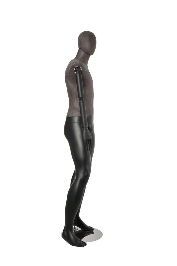 MALE BLACK LEATHERETTE FABRIC EGG MANNEQUIN W/ BLACK WOOD ARMS (MAM-ARM2-2/BLLE)