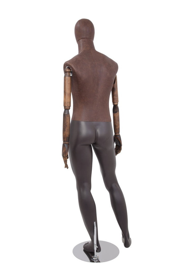 MALE BROWN LEATHERETTE FABRIC EGG MANNEQUIN W/ BROWN WOOD ARMS (MAM-ARM2-2/BRLE)