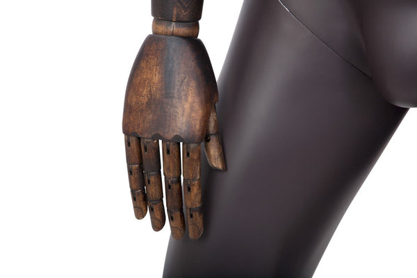 MALE BROWN LEATHERETTE FABRIC EGG MANNEQUIN W/ BROWN WOOD ARMS (MAM-ARM2-2/BRLE)