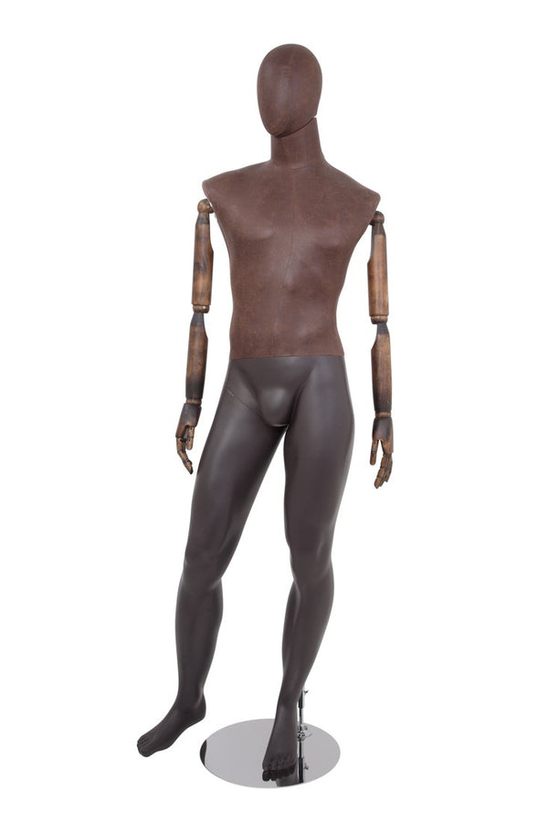 MALE BROWN LEATHERETTE FABRIC EGG MANNEQUIN W/ BROWN WOOD ARMS (MAM-ARM2-2/BRLE)