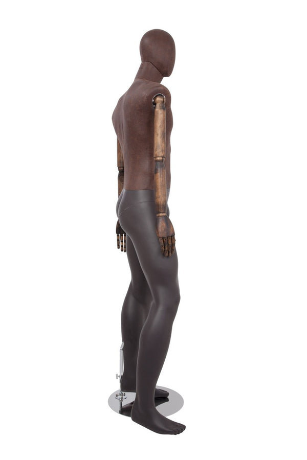 MALE BROWN LEATHERETTE FABRIC EGG MANNEQUIN W/ BROWN WOOD ARMS (MAM-ARM2-2/BRLE)