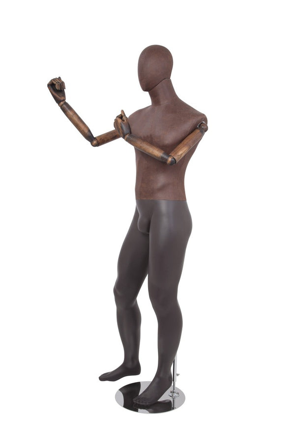 MALE BROWN LEATHERETTE FABRIC EGG MANNEQUIN W/ BROWN WOOD ARMS (MAM-ARM2-2/BRLE)