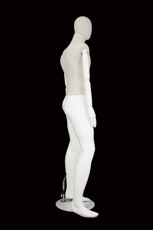 MALE LINEN FABRIC EGG MANNEQUIN W/ WHITE WOOD ARMS (MAM-ARM2-2/WHLN)