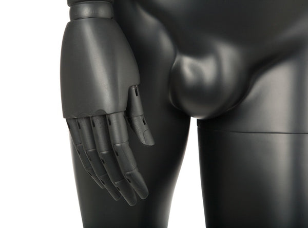 MALE BLACK LEATHERETTE FABRIC EGG MANNEQUIN W/ BLACK WOOD ARMS (MAM-ARM2-3/BLLE)