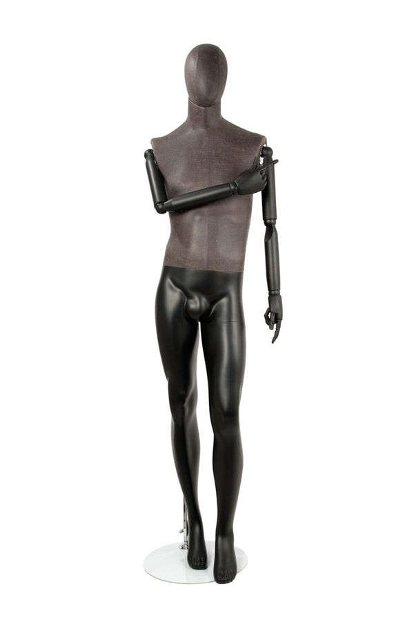 MALE BLACK LEATHERETTE FABRIC EGG MANNEQUIN W/ BLACK WOOD ARMS (MAM-ARM2-3/BLLE)