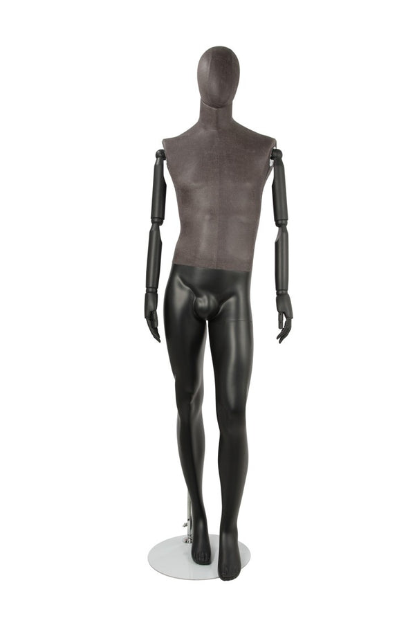 MALE BLACK LEATHERETTE FABRIC EGG MANNEQUIN W/ BLACK WOOD ARMS (MAM-ARM2-3/BLLE)